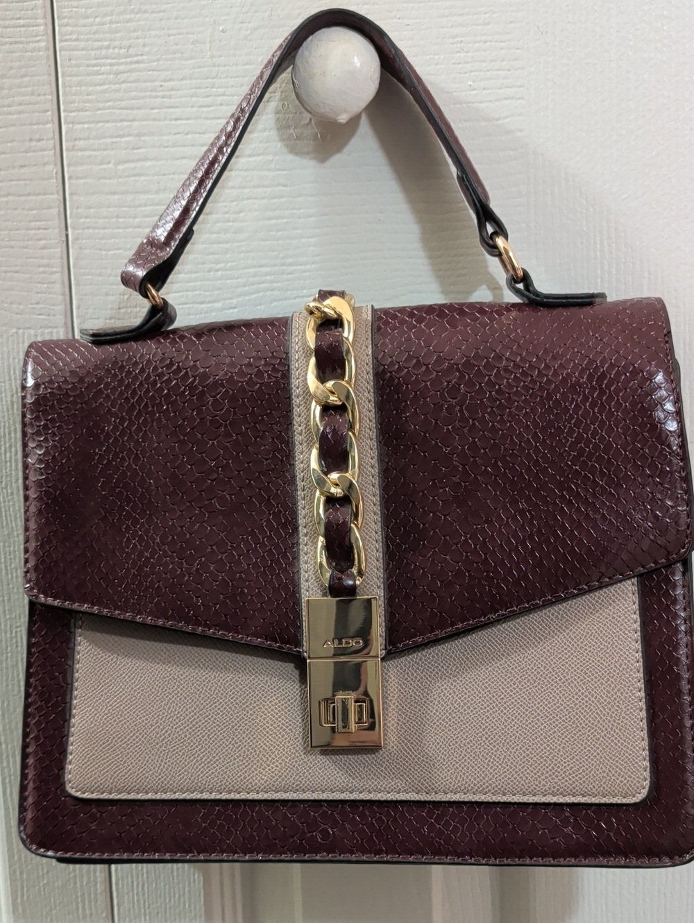ALDO Burgundy and Beige Chain-Accent Top-Handle Satchel